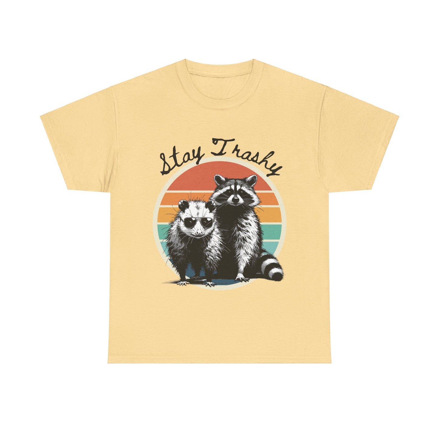 Keywords: Stay Trashy t-shirt, possum and raccoon tee, unisex cotton shirt, vintage graphic tee, comfortable casual wear, humorous wildlife apparel, sustainable fashion, nocturnal animals t-shirt.