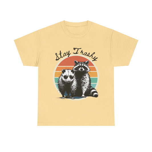 Keywords: Stay Trashy t-shirt, possum and raccoon tee, unisex cotton shirt, vintage graphic tee, comfortable casual wear, humorous wildlife apparel, sustainable fashion, nocturnal animals t-shirt.