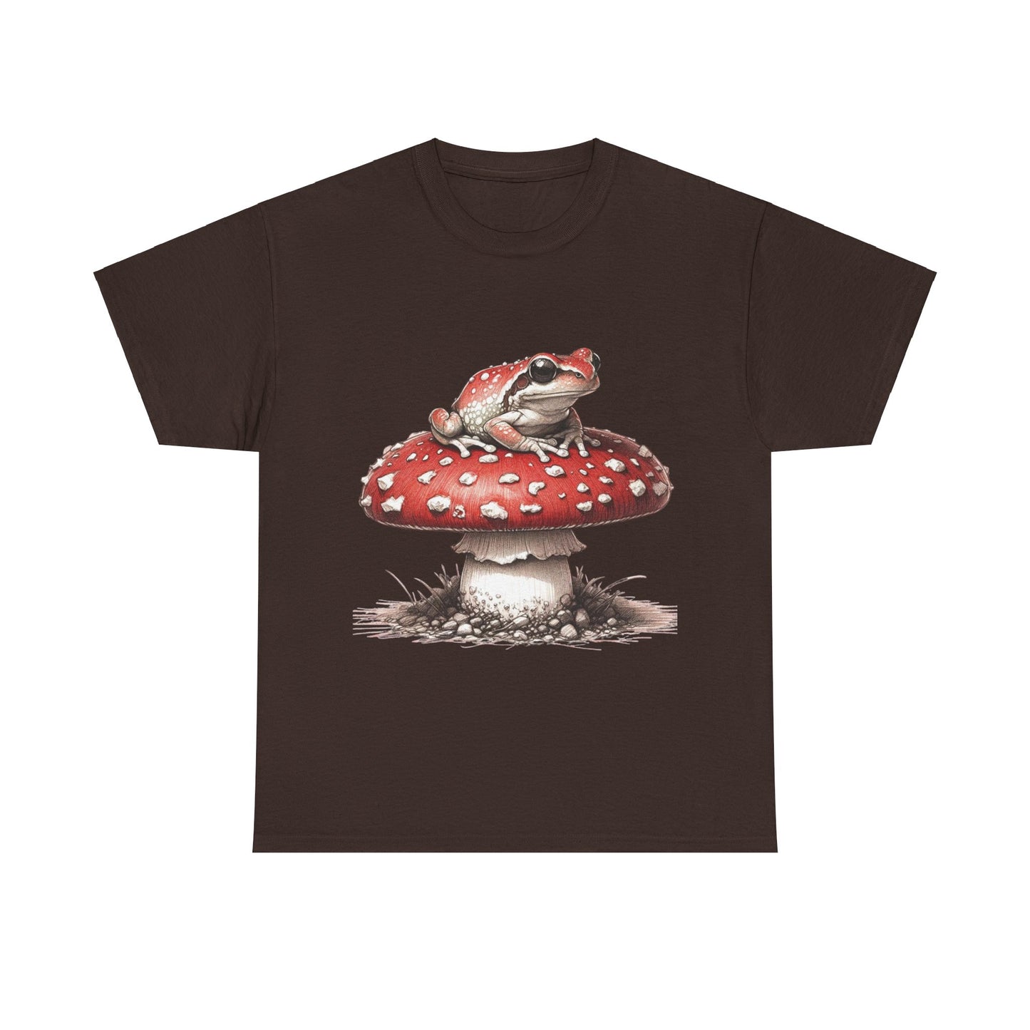 Keywords: Poison frog t-shirt, Amanita mushroom tee, unisex cotton shirt, nature warning apparel, comfortable casual wear, wildlife graphic tee, sustainable fashion, striking nature design.