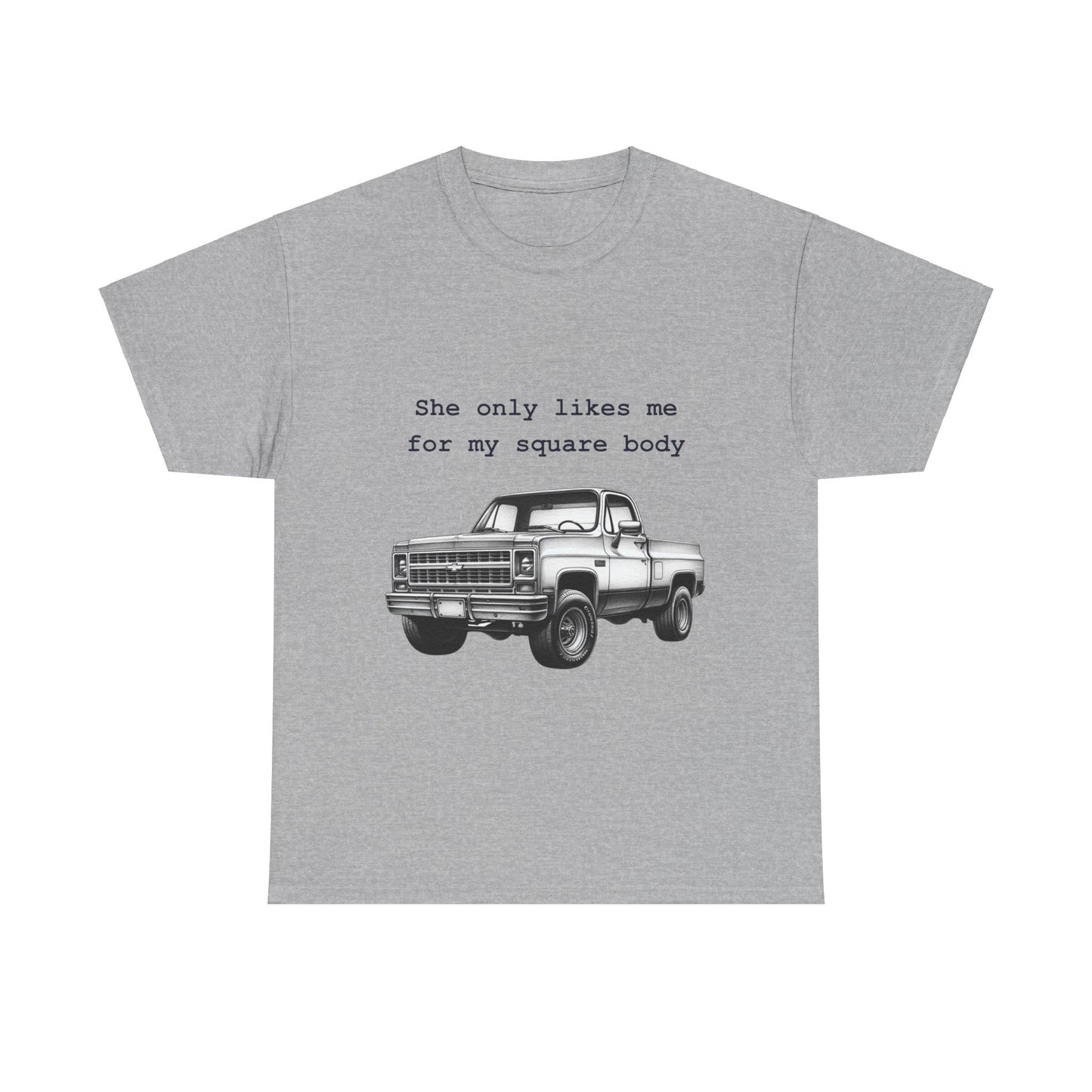 Keywords: Square body truck t-shirt, classic truck tee, unisex cotton shirt, automotive enthusiast apparel, comfortable casual wear, humorous truck clothing, sustainable fashion, vintage truck design.