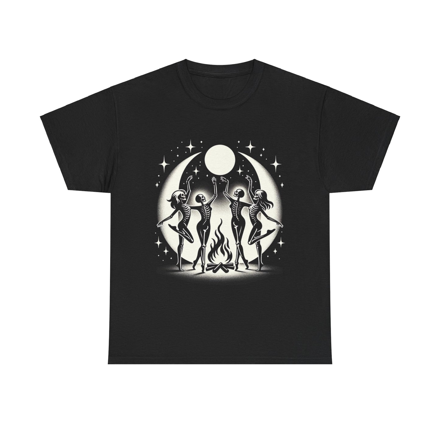 Keywords: Fire dancing t-shirt, skeleton dance tee, unisex cotton shirt, mystical apparel, comfortable casual wear, full moon clothing, sustainable fashion, folklore graphic tee.