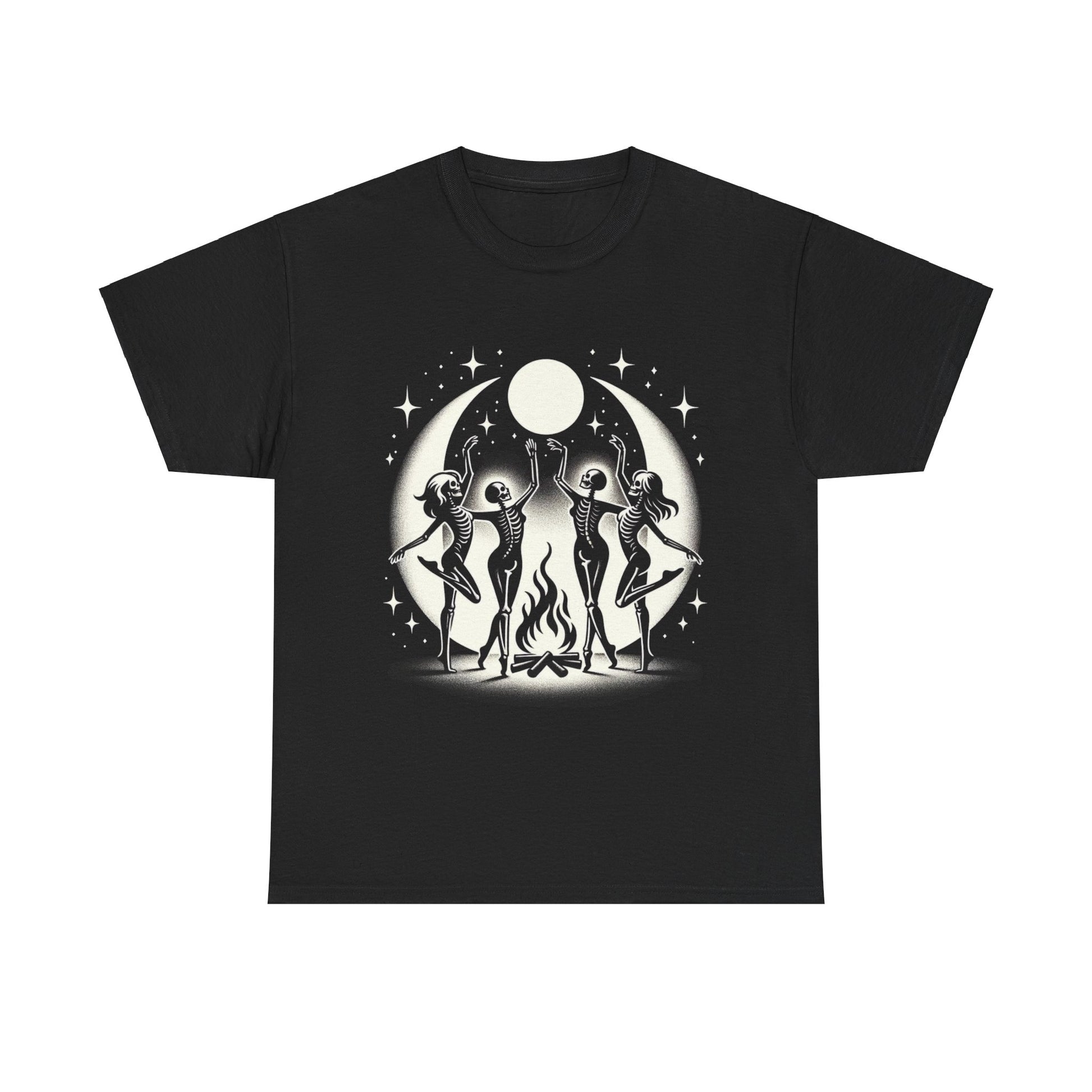 Keywords: Fire dancing t-shirt, skeleton dance tee, unisex cotton shirt, mystical apparel, comfortable casual wear, full moon clothing, sustainable fashion, folklore graphic tee.