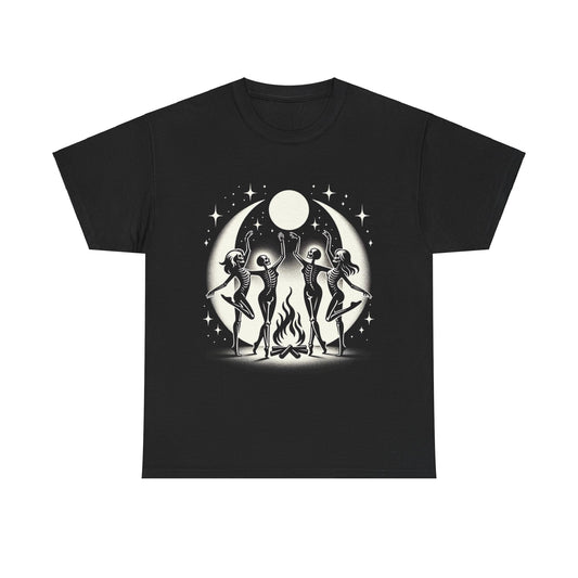 Keywords: Fire dancing t-shirt, skeleton dance tee, unisex cotton shirt, mystical apparel, comfortable casual wear, full moon clothing, sustainable fashion, folklore graphic tee.