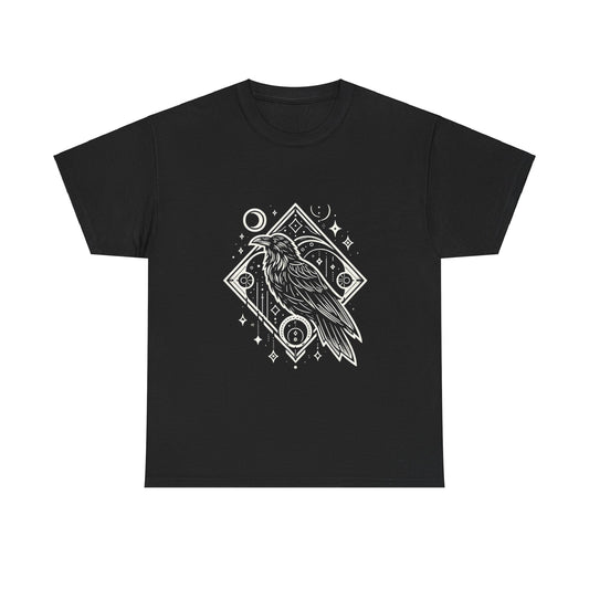 Keywords: Dark crow t-shirt, celestial graphic tee, unisex cotton shirt, gothic apparel, comfortable casual wear, mystical fashion, sustainable fashion, starry night clothing.