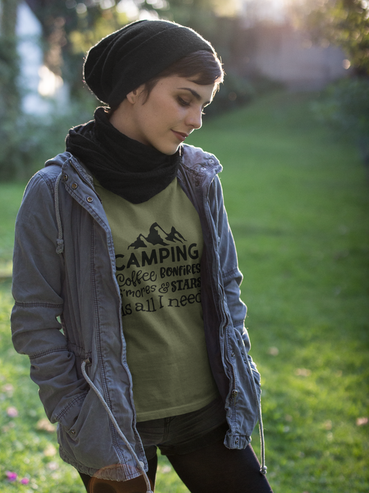 Camping Vibes Graphic Tee - Coffee, Bonfires, S'mores & Stars Design | Camping Tee | Men's Graphic Tee | Women's Graphic Tee